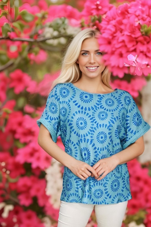 Women's clothing wholesale Blue geometrical prints & short sleeves BQ15978 FS4