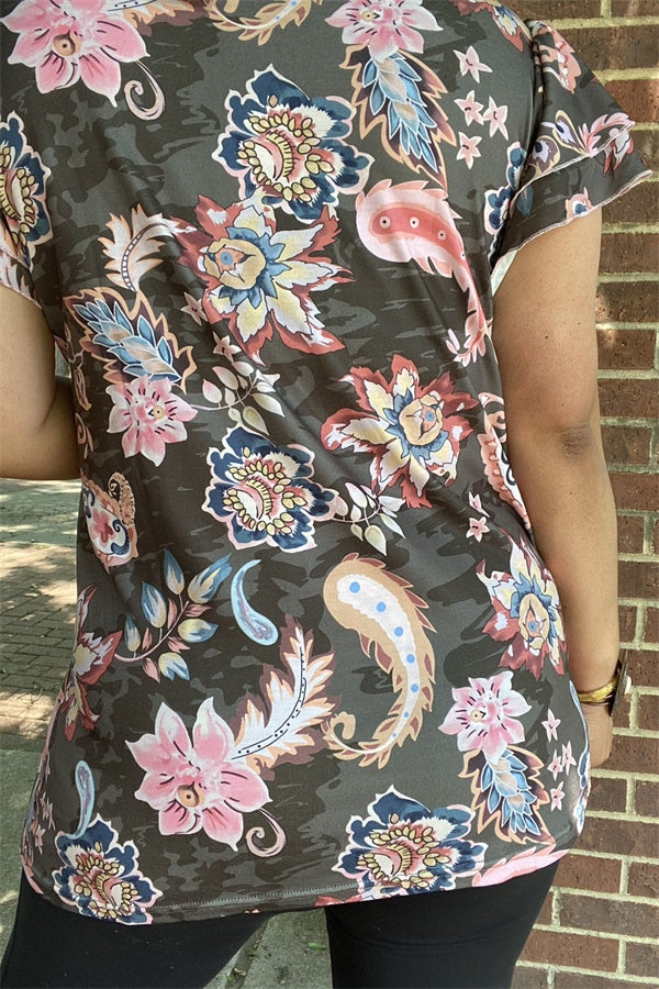 Western Paisley floral multi color printed  ruffle short sleeve women tops GJQ14406 (ES7)