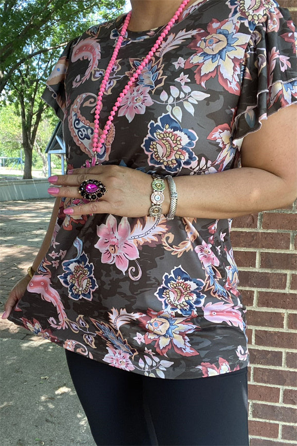 Western Paisley floral multi color printed  ruffle short sleeve women tops GJQ14406 (ES7)