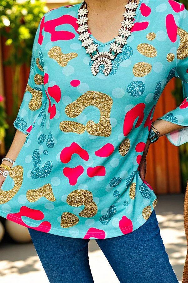 Western girls's clothing suppliers Leoaprd glitter prints short sleeve women top XCH14699 (ES6)