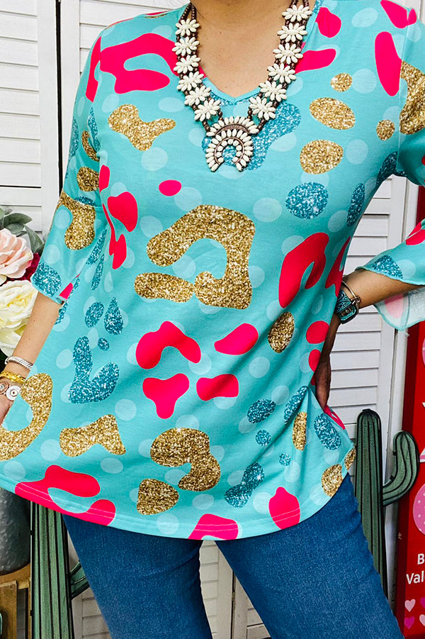 Western girls's clothing suppliers Leoaprd glitter prints short sleeve women top XCH14699 (ES6)