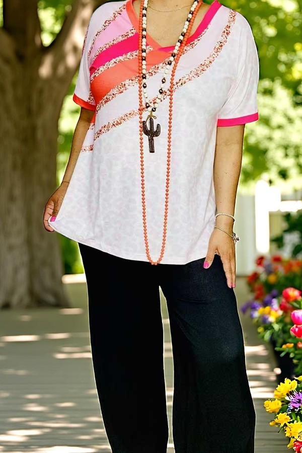 Women's clothing wholesale orange & fuchsia & pink & leopard short sleeve top XCH15138 (ES6)