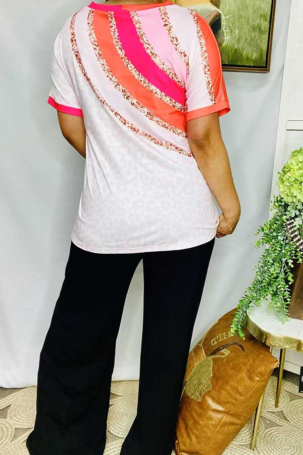 Women's clothing wholesale orange & fuchsia & pink & leopard short sleeve top XCH15138 (ES6)