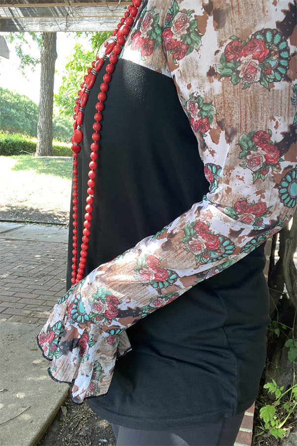 Western plus size Mesh sleeve & black color block women tops YMY14327 IS12