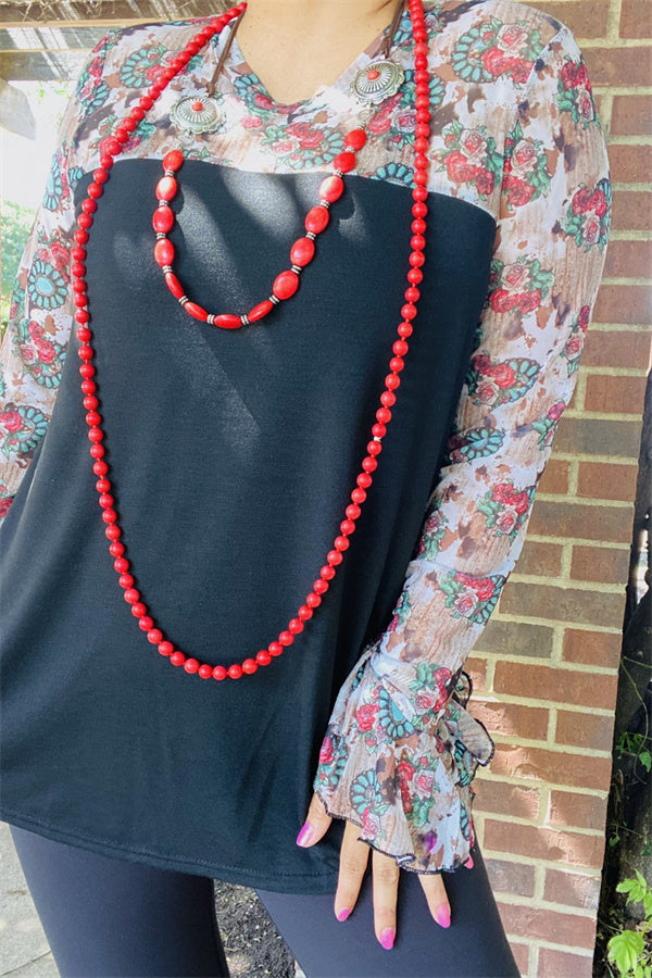 Western plus size Mesh sleeve & black color block women tops YMY14327 IS12