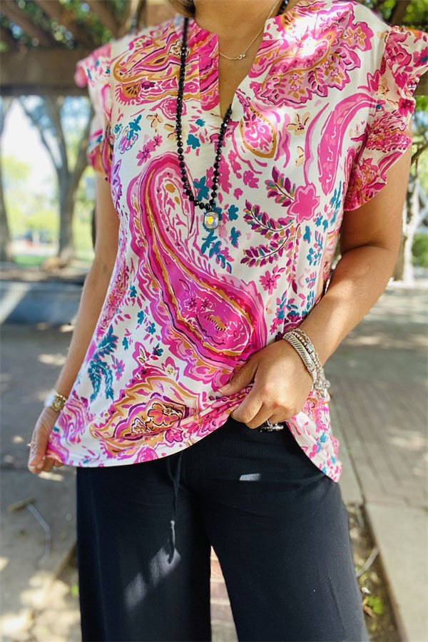 BQ15642 Paisley multi color printed short sleeve/ruffle V-neckline women tops GS6