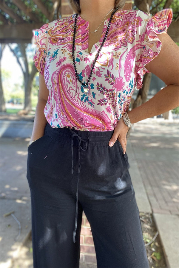 BQ15642 Paisley multi color printed short sleeve/ruffle V-neckline women tops GS6